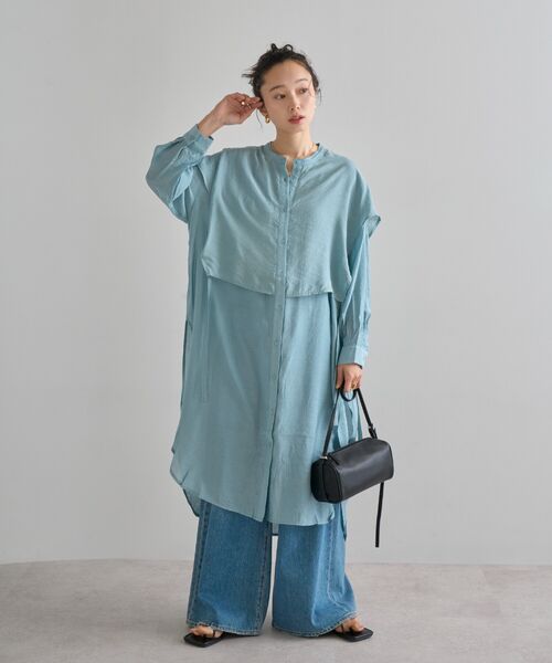 バンドカラーデザインシャツワンピース