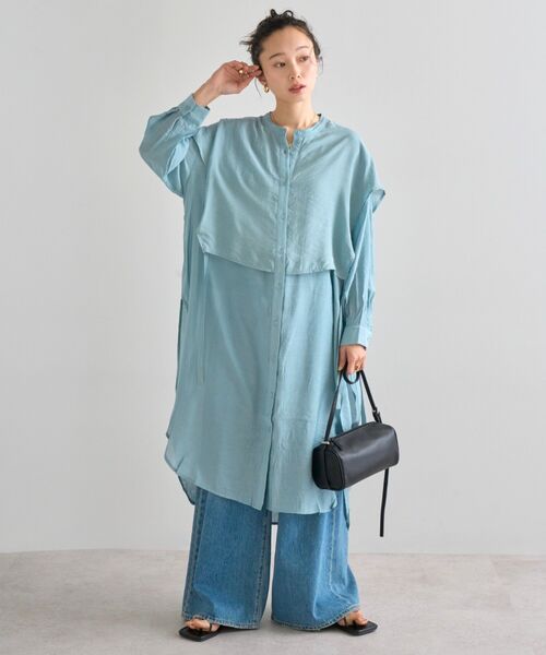 バンドカラーデザインシャツワンピース