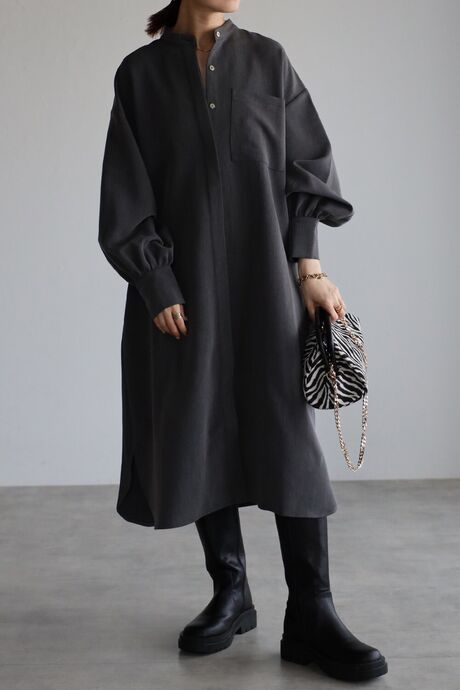 バンドカラーボリュームスリーブシャツワンピース