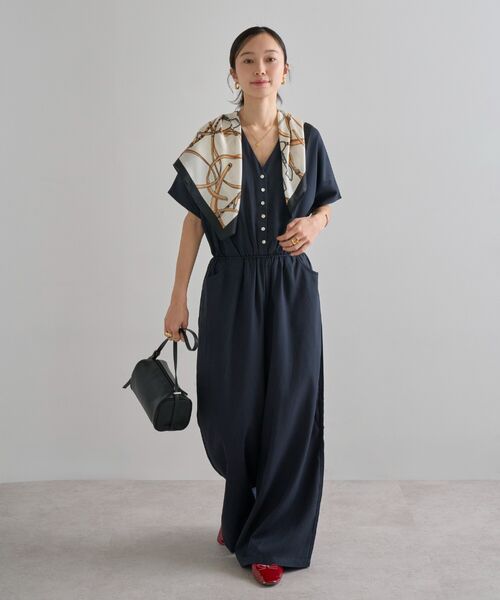 ウエスト切替Vネックオールインワン