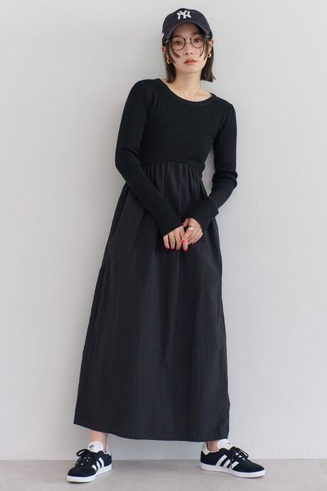 異素材切り替えニットワンピース