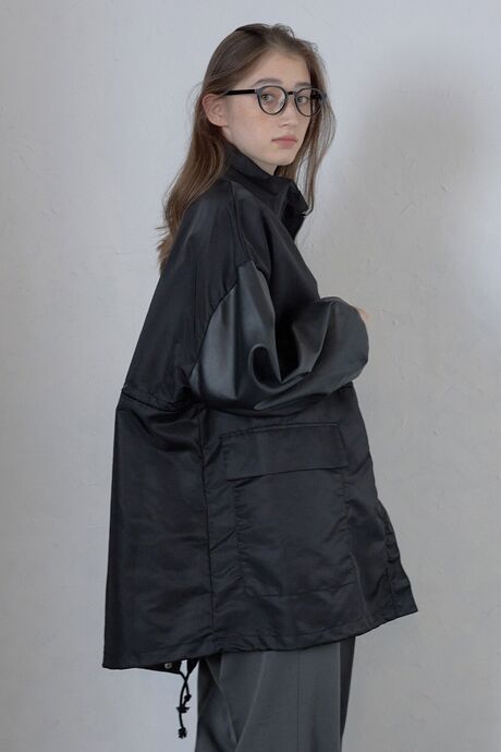 fake leather sleeve flare jacket / フェイクレザースリーブスタンドカラージャケット