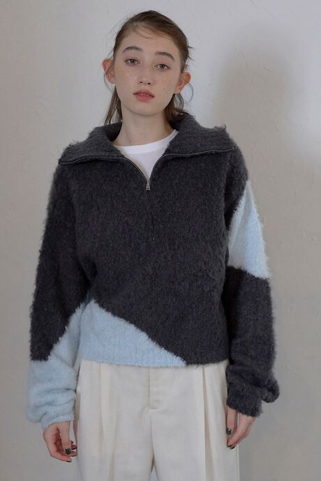 cropped half zip knit pullover / ブークレハーフジッププルオーバー