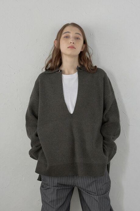 2way collared deep vneck knit / 2way襟付きディープVネックニット