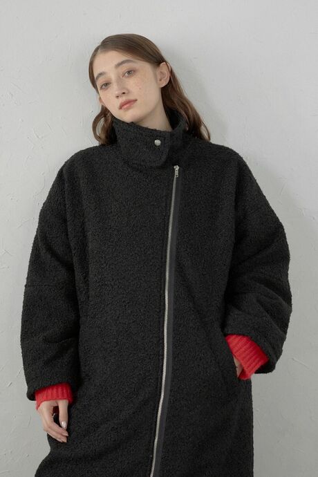 ring fake wool stand neck rong coat / リングフェイクウールスタンドネックロングコート