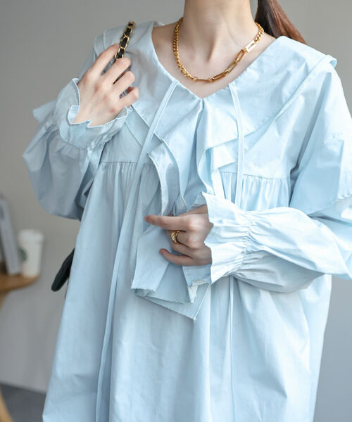 ＜選べる新柄登場＞ビックカラーフリルブラウス/チュニック/ストライプ/無地