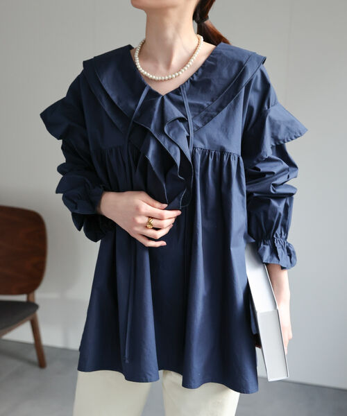 ＜選べる新柄登場＞ビックカラーフリルブラウス/チュニック/ストライプ/無地