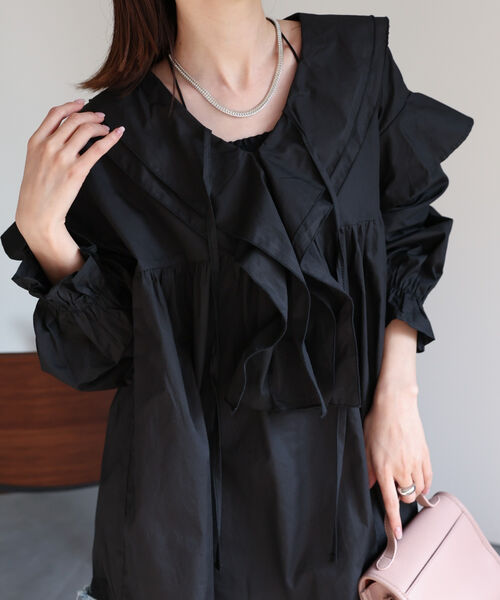 ＜選べる新柄登場＞ビックカラーフリルブラウス/チュニック/ストライプ/無地