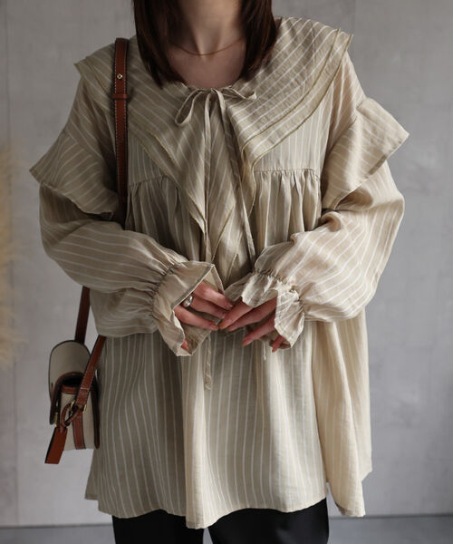 ＜選べる新柄登場＞ビックカラーフリルブラウス/チュニック/ストライプ/無地