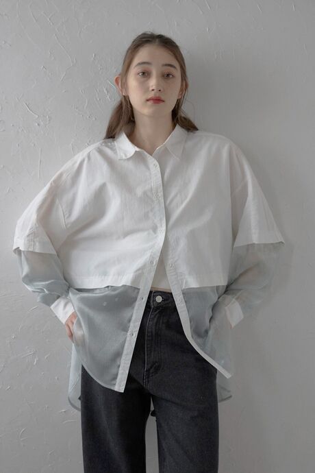 sheer shiny hem shirt / シアーシャイニーヘムナイロンシャツ