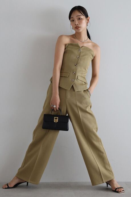linen like front button bustier set up / リネンライクフロント釦ビスチェセットアップ