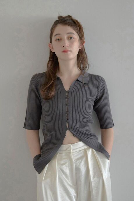 skipper polo knit slim fit cardigan / スキッパーポロニットハーフスリーブカーディガン