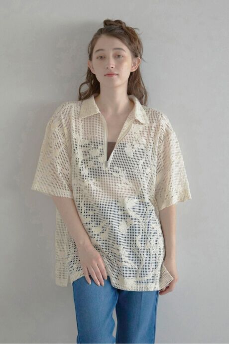 flower embroidery half zip mesh shirt / フラワー刺繍ハーフジップメッシュシャツ