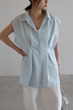 ボンジュールサガン BONJOUR SAGAN ウエストタックストライプフレンチスリーブシャツ （LIGHT-BLUE） BONJOUR SAGAN公式オンラインストア / ウエストタックストライプ