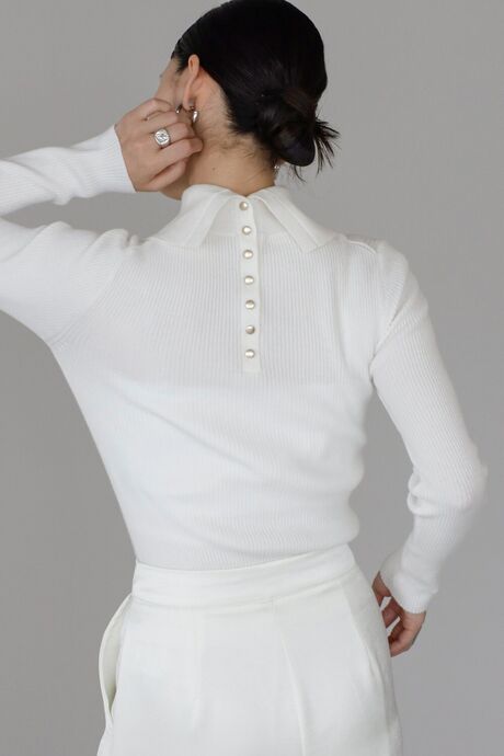 back button high neck knit with collar / ポロ襟付きバックボタンハイネックもっちりニット