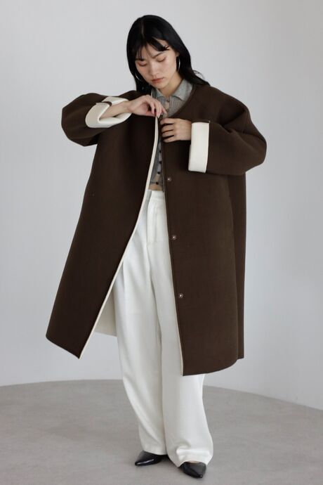double faced collarless bonding coat / ダブルフェイスボンディングノーカラーコート
