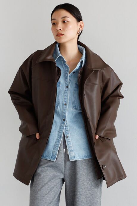 fake leather soutien collar middle coat with liner / ライナー付きフェイクレザーミドルコート