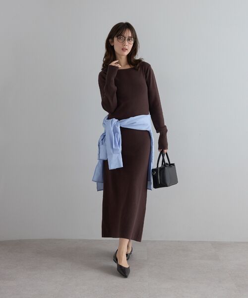 【骨格ストレート向け】ベルト付きスクエアネックニットワンピース