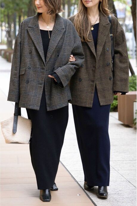 【公式サイト限定】[yoko×NorikoコラボSET]ウールタッチグレンチェックジャケット×前後2WAYニットワンピース