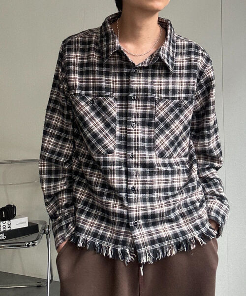 〈ユニセックス商品〉フリンジチェックシャツ