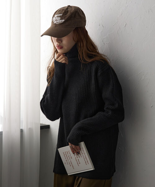 ハイネックミドル丈リブニット/ニットプルオーバー