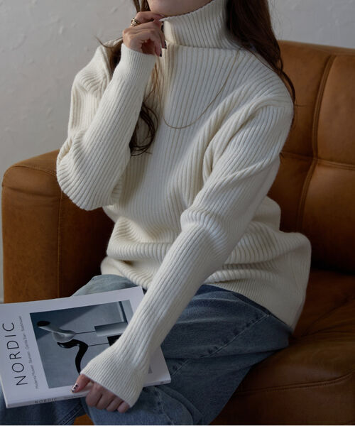 ハイネックミドル丈リブニット/ニットプルオーバー