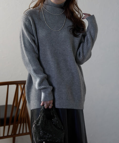 ハイネックミドル丈リブニット/ニットプルオーバー