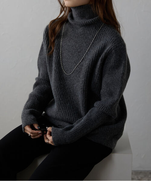 ハイネックミドル丈リブニット/ニットプルオーバー