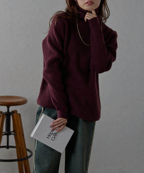 ハイネックミドル丈リブニット/ニットプルオーバー
