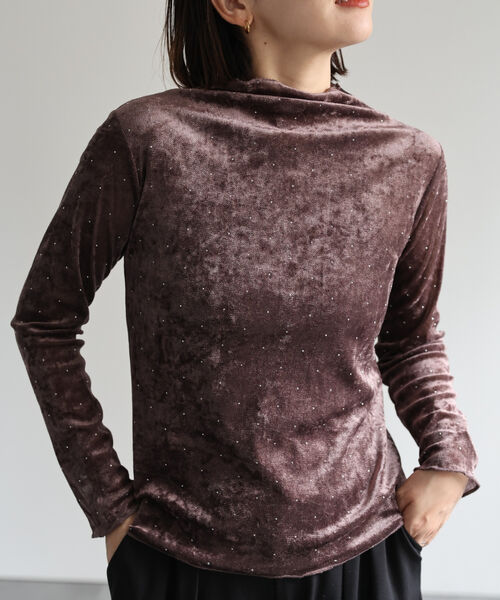 ラインストーン付きメッシュベロアトップス