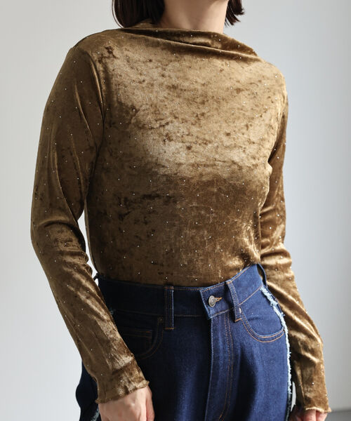 ラインストーン付きメッシュベロアトップス