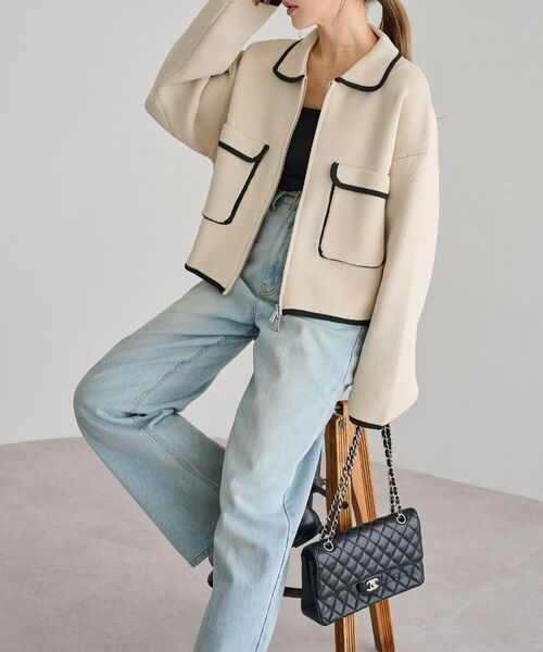 襟付き配色パイピングジップニット　　　