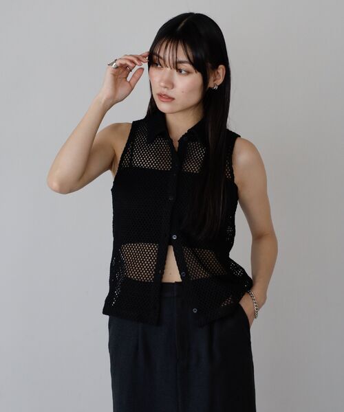 polo mesh sleeveless tops / ポロ襟メッシュノースリトップス