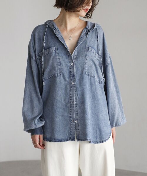 【接触冷感】テンセルデニムシャツパーカー　　　　　　　　　　　　　　　　　　　　　　　　　　　　　