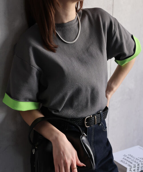 配色 ジャガード 半袖ニット/トップス/Tシャツ