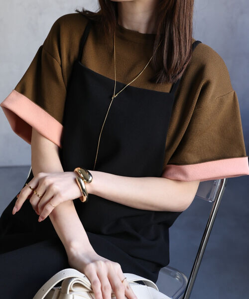 配色 ジャガード 半袖ニット/トップス/Tシャツ