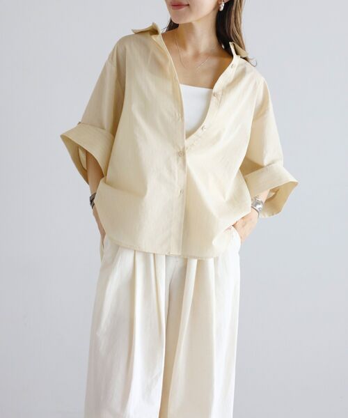 2WAYスリーブストライプ半袖シャツ　　　　　　　　　　　　　　　