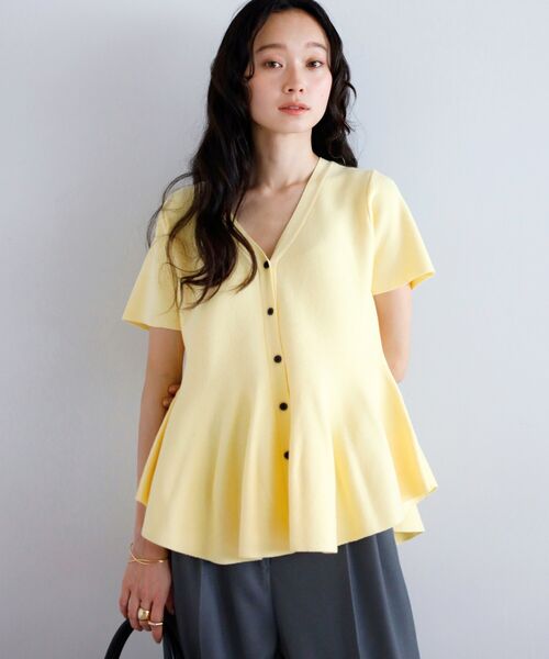 ドレープペプラム半袖ニットカーデ　　